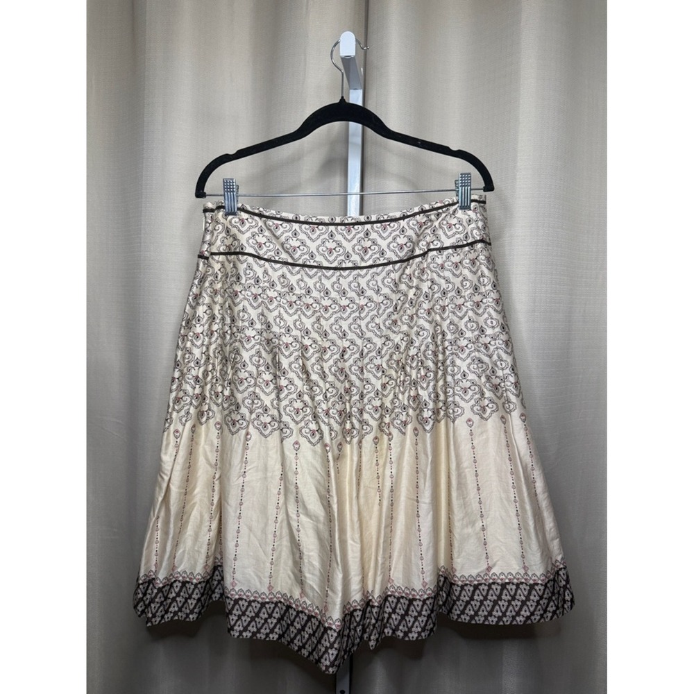 Ann Taylor Loft Womens 12 Cream Brown Medallion Print Pleated A-Line Skirt - Picture 3 of 5
